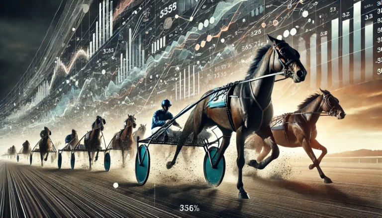 Objectif TROT — sulky lancé sur la piste, superposé à des courbes statistiques